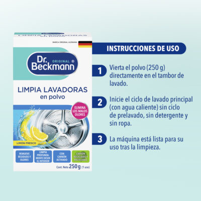 Limpia Lavadoras en Polvo 250g - Dr Beckmann - manejo